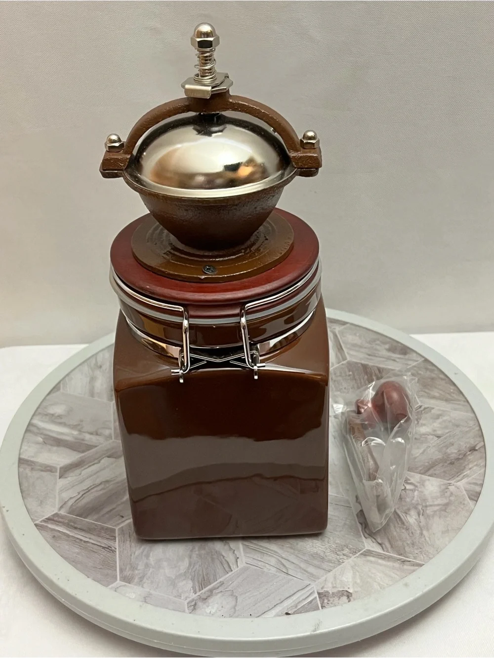 HuesNBrews Ceramic Coffee Grinder Canister Manual Hand Crank Brown New in Box
